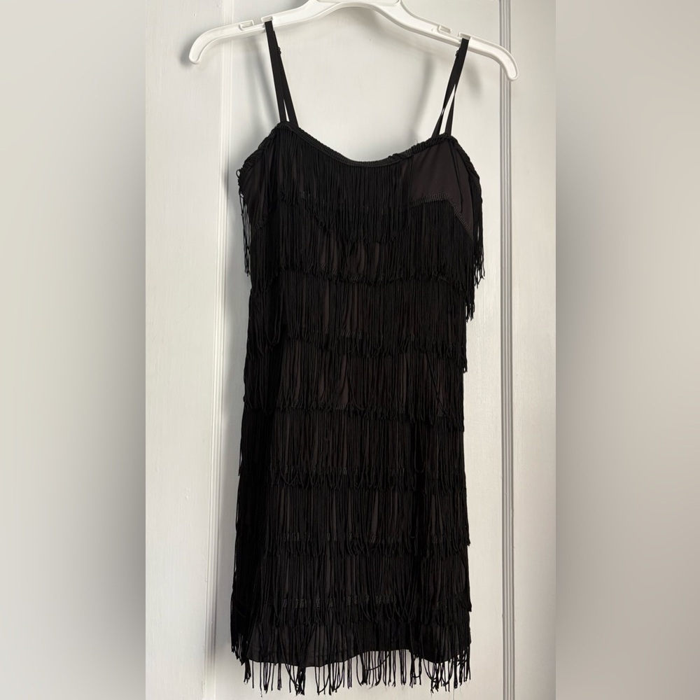 Windsor Elegant Black Fringe Side Zip Mini Boho Dress V- Neck, Sz: Small